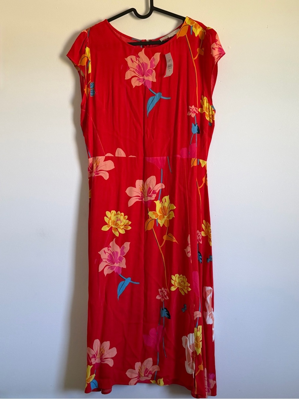 LOFT Red Floral Cap-Sleeve Midi Dress